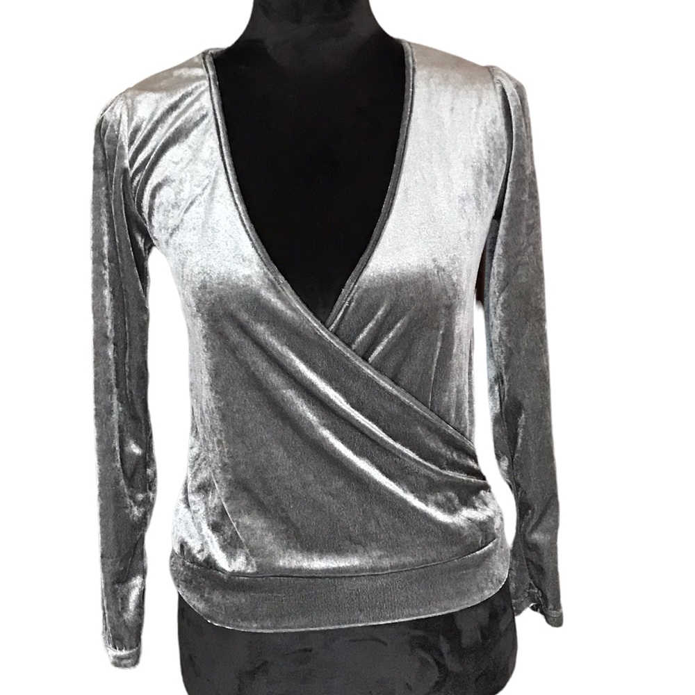 Silver Velour Wrap Top Long Sleeve
